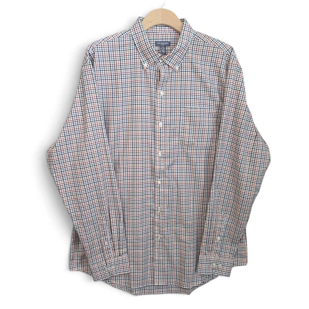 Van Heusen Mens Dress Shirt Large 16-16.5 Brown Flex Plaid Button Down Stretch